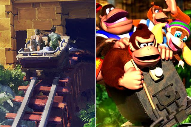 <p>Universal Orlando Resort; Nintendo</p> Universal Epic Universe unveils concept art for 'Donkey Kong' roller coaster, Mine Cart Madness, that jumps tracks