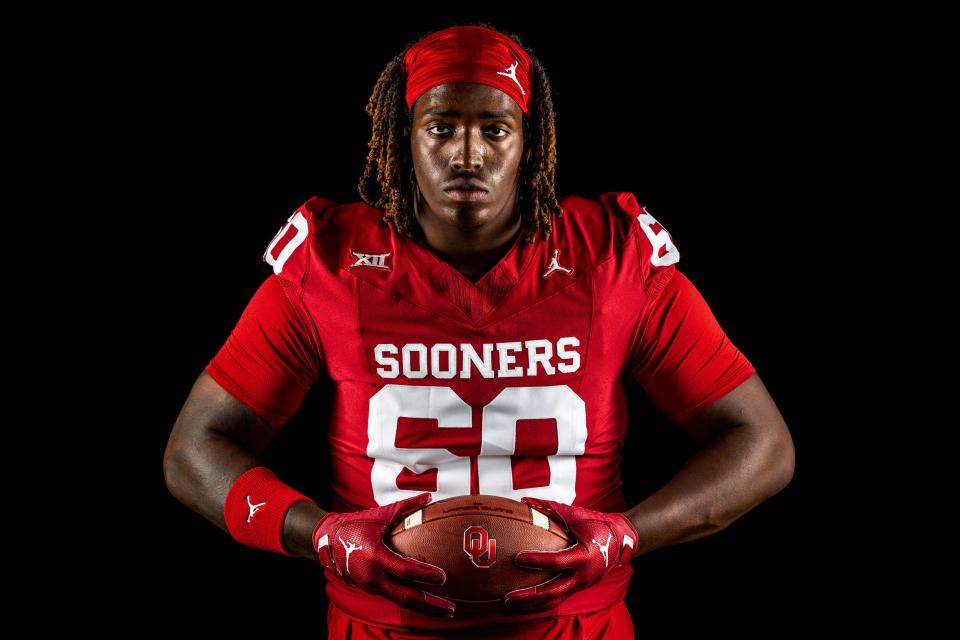 Oklahoma’s Tyler Guyton (60) is pictured at OU media day in Norman, Okla., on Tuesday, Aug. 1, 2023.