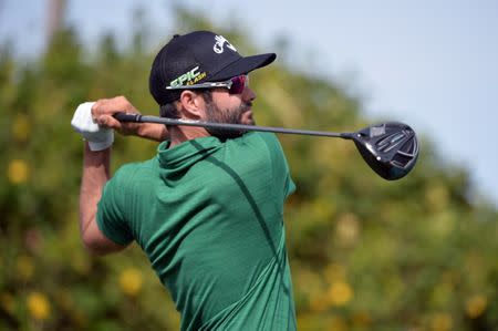 Jan 20, 2019; La Quinta, CA, USA; Adam Hadwin plays his shot from the fifth tee during the final round of the Desert Classic golf tournament at PGA West - Stadium Course. Mandatory Credit: Orlando Ramirez-USA TODAY Sports