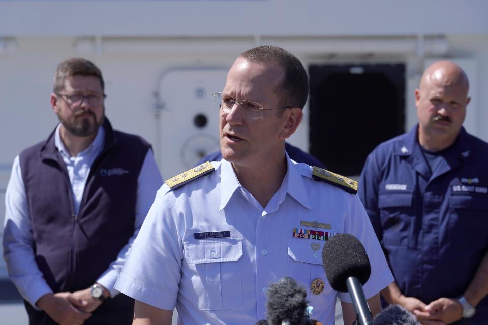 U.S. Coast Guard Rear Adm. John Mauger, commander of the First Coast Guard District, talks to reporters June 22, 2023.