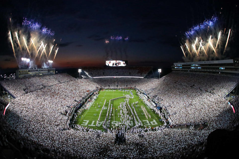 Sep 18, 2021; University Park, Pennsylvania, USA; A general view of Beaver Stadium prior to the game between the <a class="link " href="https://sports.yahoo.com/ncaaf/teams/auburn/" data-i13n="sec:content-canvas;subsec:anchor_text;elm:context_link" data-ylk="slk:Auburn Tigers;sec:content-canvas;subsec:anchor_text;elm:context_link;itc:0">Auburn Tigers</a> and the <a class="link " href="https://sports.yahoo.com/ncaaf/teams/penn-st/" data-i13n="sec:content-canvas;subsec:anchor_text;elm:context_link" data-ylk="slk:Penn State Nittany Lions;sec:content-canvas;subsec:anchor_text;elm:context_link;itc:0">Penn State Nittany Lions</a>. Mandatory Credit: Matthew OHaren-USA TODAY Sports