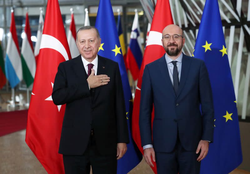 Turkish President Tayyip Erdogan and EU Council President Charles Michel pose in Brussels