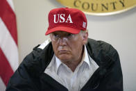 President Donald Trump listens during a briefing about Hurricane Laura with first responders at the emergency operations center Saturday, Aug. 29, 2020, in Orange, Texas. (AP Photo/Alex Brandon)