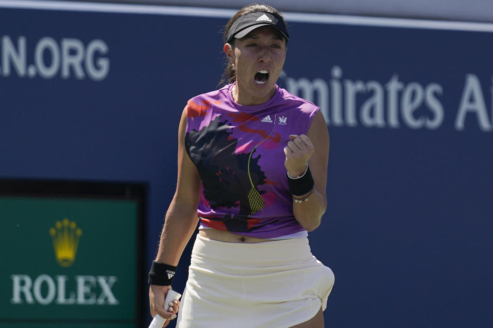 Jessica Pegula, of the United States, reacts after a shot against Viktorija Golubic, of Switzerland, during the first round of the US Open tennis championships, Tuesday, Aug. 30, 2022, in New York. (AP Photo/Seth Wenig)