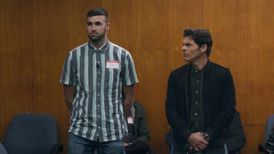 Ronald Gladden, left, didn't know the jury and alternate juror James Marsden, were playing an elaborate gag in "Jury Duty."