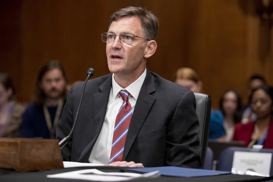 Brian Murphy, managing director of Logically AI Inc., speaks during a homeland security and governmental affairs subcommittee hearing on Capitol Hill Wednesday, Sept. 13, 2023, regarding the proposed PGA Tour-LIV Golf partnership. (AP Photo/Amanda Andrade-Rhoades)