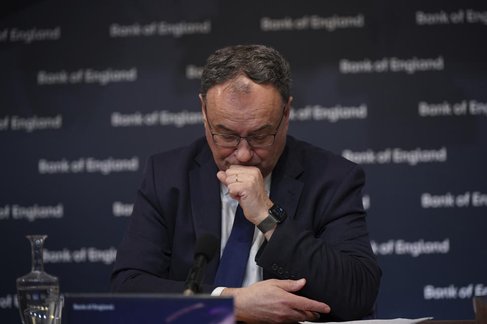 Andrew Bailey, Governor of the Bank of England pauses during the Bank of England Monetary Policy Report press conference at the Bank of England in London, Thursday Feb. 2, 2023. (Yui Mok/Pool via AP)