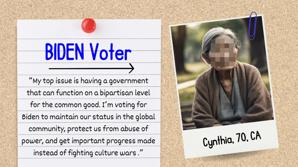 Photo and quote from Cynthia, 70, CA, expressing bipartisan support for a candidate, pinned on a board