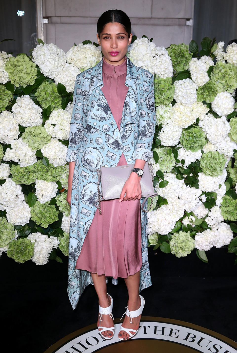 <p>Who: Freida Pinto </p><p>When: September 19, 2016</p><p>Why: For the #BoF500 Gala Dinner during London Fashion Week, Freida Pinto proved she's a pro in color theory. Her Burberry outfit pairs carnation pink with sky blue, a refreshing color combo for fall. </p>