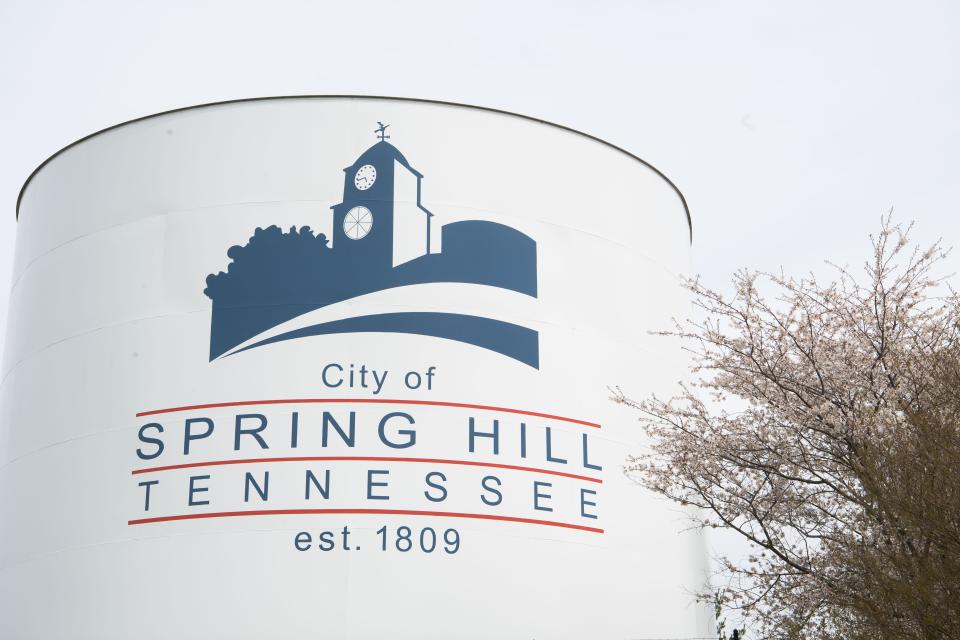 The watertower by the Town Hall in Spring Hill, Tenn., Tuesday, March 29, 2022. 