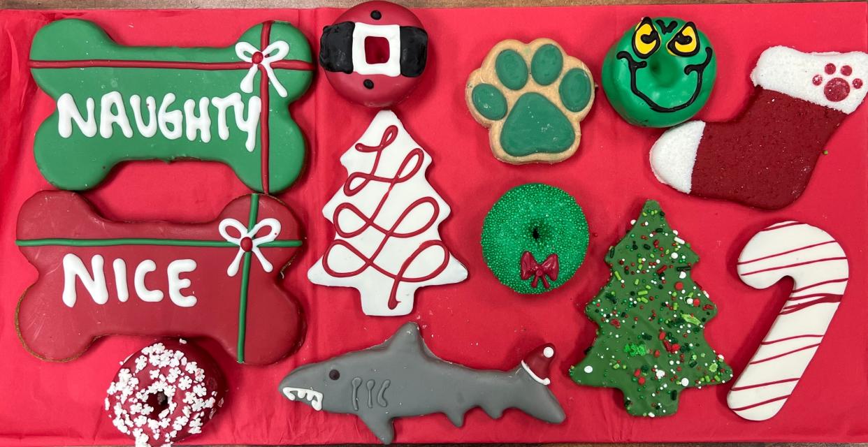 Pictured are dogs treats offered this holiday season by the Barkery Bistro, Pet Bakery & Grooming Salon.