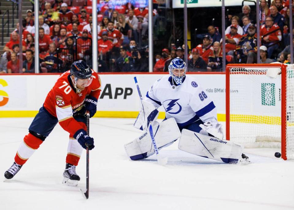 Florida Panthers right wing Patric Hornqvist (70) takes a shot against the defense of Tampa Bay Lightning goaltender Andrei Vasilevskiy (88) during the first period of Game 1 of a second round NHL Stanley Cup series at FLA Live Arena on Tuesday, May 17, 2022 in Sunrise, Fl.