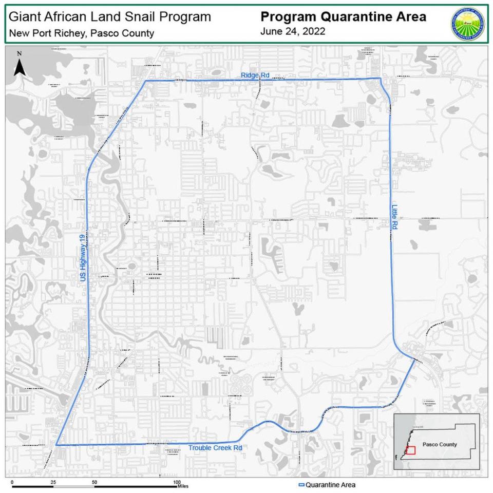 The quarantine area imposed by the FDACS, from Ridge Road in the north to Trouble Creek Rd in the south (FDACS)