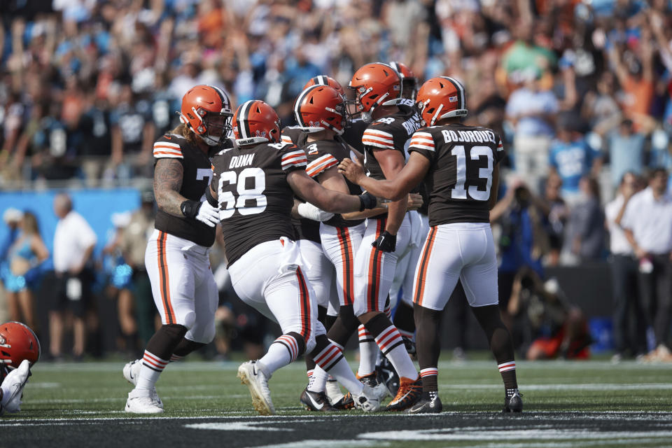 Cleveland Browns place kicker Cade York (3) is congratulated by his teammates after kicking a game winning 58-yard field goal during an NFL football game against the Carolina Panthers, Sunday, Sep. 11, 2022, in Charlotte, N.C. (AP Photo/Brian Westerholt)