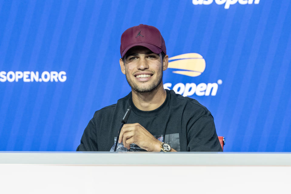 Carlos Alcaraz of Spain speaks to press during US Open player media day ahead of start of tournament at Billy Jean King Tennis Center in New York on August 25, 2023. (Beat Media Group via Reuters subscription)