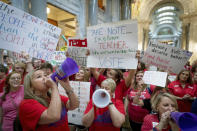 <p>Teachers from across Kentucky gather inside the state Capitol to rally for increased funding for education, Friday, April 13, 2018, in Frankfort, Ky. (Photo: Bryan Woolston/AP) </p>