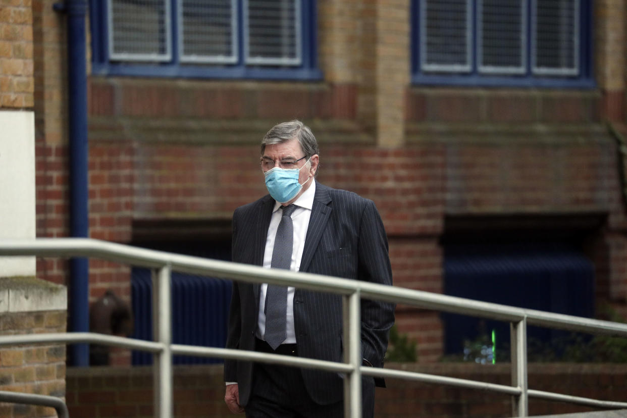 Retired BBC producer Victor Melleney, 75, of Kensington, west London, arrives at Kingston Crown Court, London, where he is charged with possessing almost 1,000 child abuse images. Picture date: Monday February 22, 2021. Melleney, who worked on shows including Question Time and Panorama, is accused of possessing 832 indecent photographs of minors across an assortment of devices. (Photo by Steve Parsons/PA Images via Getty Images)