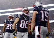 <p>Chris Hogan #15 of the New England Patriots celebrates with Danny Amendola #80 after scoring a touchdown during the first quarter against the Pittsburgh Steelers in the AFC Championship Game at Gillette Stadium on January 22, 2017 in Foxboro, Massachusetts. (Photo by Jim Rogash/Getty Images) </p>