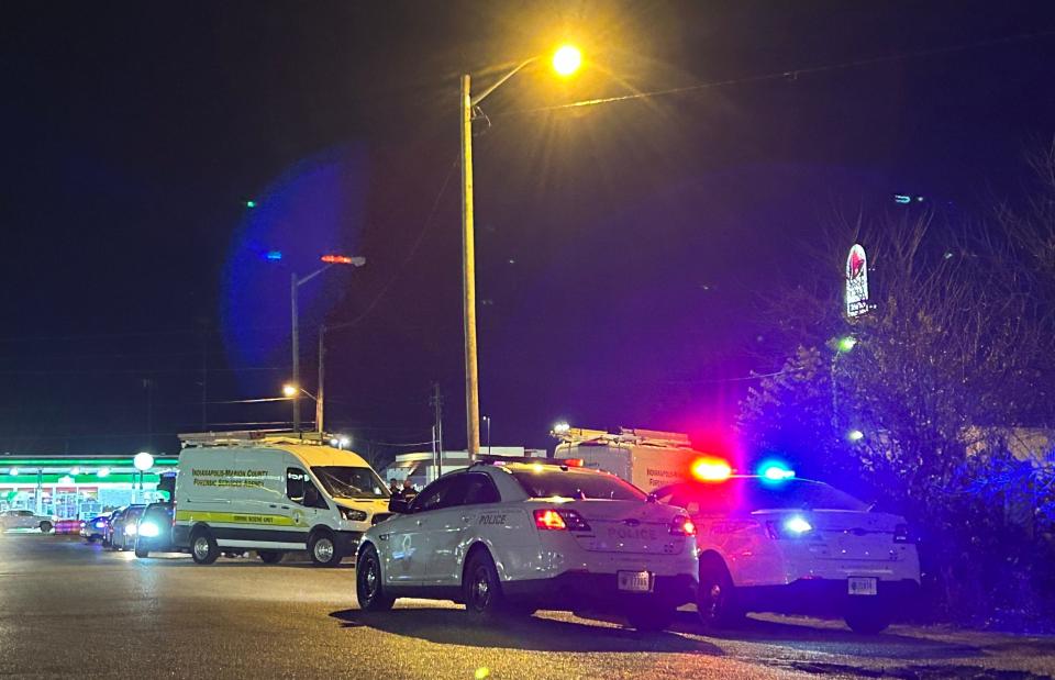 Indianapolis Metropolitan Police Department cars sit on Knights Way on Indianapolis' south side Thursday, Nov. 30, 2023, after an incident that resulted in police shooting and killing a suspect. It's the 17th time this year IMPD officers have shot someone.