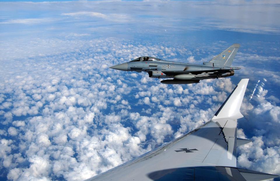 An Eurofighter Typhoon of the german airforce pictured on September 10, 2014, over Estonia.