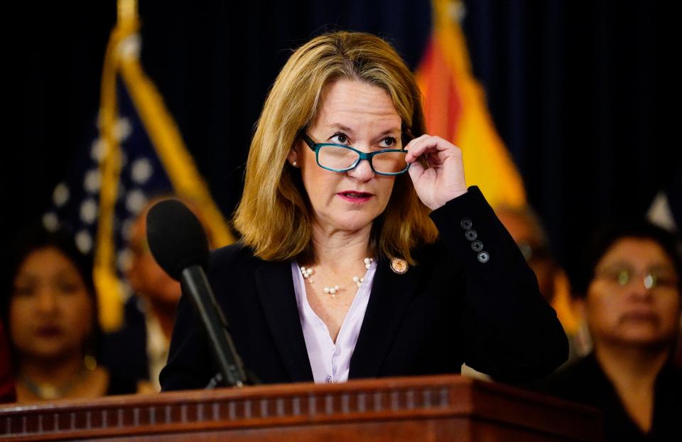 Attorney General Kris Mayes announces actions Arizona is taking to stop fraud against the Medicaid system and exploitation of AHCCCS members during a news conference at the Arizona state Capitol in Phoenix on May 16, 2023.