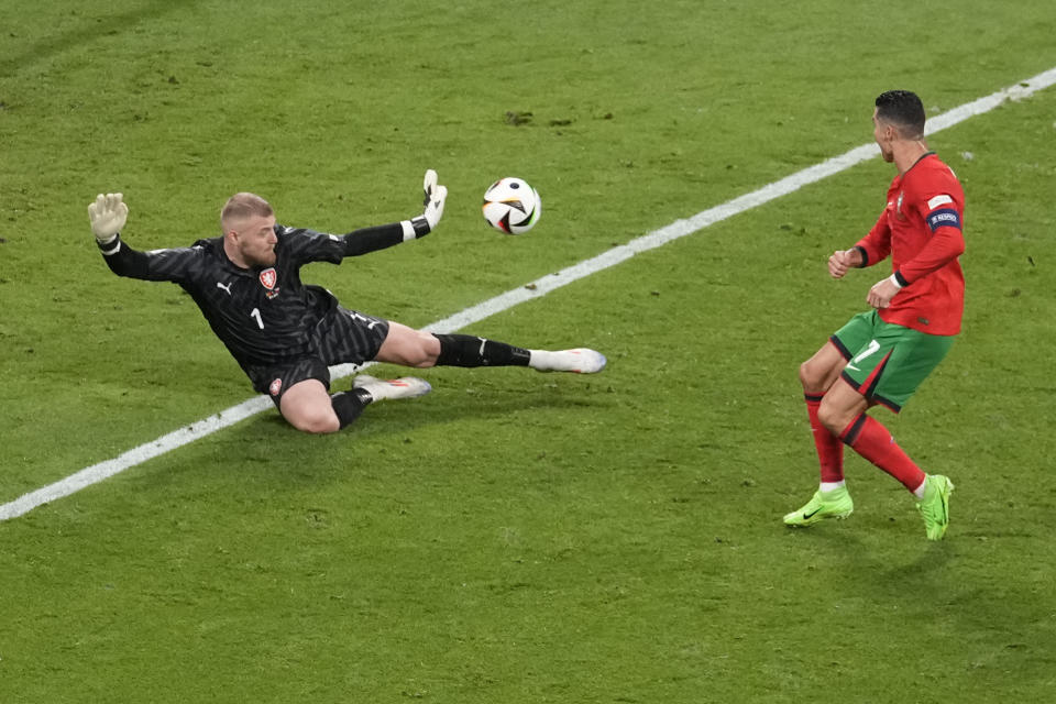 APTOPIX Czech Republic's goalkeeper Jindrich Stanek (1) stops a shot by Portugal's Cristiano Ronaldo during a Group F match between Portugal and Czech Republic at the Euro 2024 soccer tournament in Leipzig, Germany, Tuesday, June 18, 2024. (AP Photo/Sergei Grits)