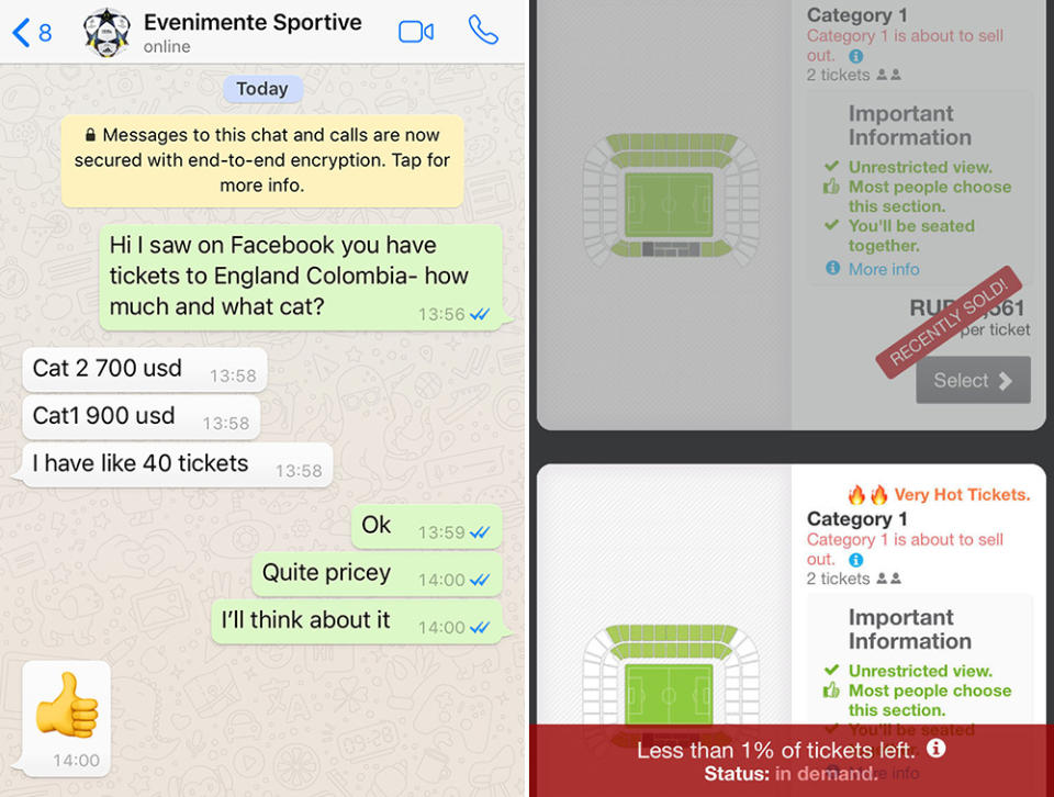 A tout tries to sell England tickets for $700 (left), while the Viagogo site shows how in-demand Three Lions tickets are. (PA)