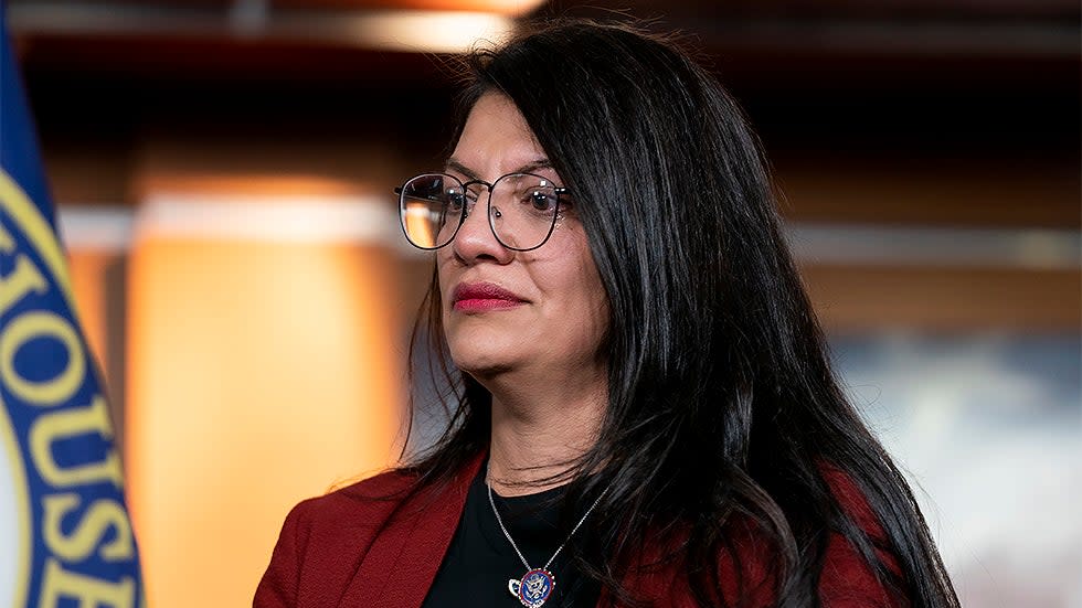 Rep. Rashida Tlaib (D-Mich.) is seen during a press conference on Tuesday, November 30, 2021 to call out Rep. Lauren Boebert’s (R-Colo.) anti-Islamic remarks against Rep. Ilhan Omar (D-Minn.)