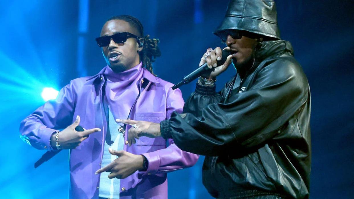 <div>NEWARK, NEW JERSEY - SEPTEMBER 12: Metro Boomin and Future perform onstage during the 2023 MTV Video Music Awards at Prudential Center on September 12, 2023 in Newark, New Jersey. (Photo by Theo Wargo/Getty Images for MTV)</div>