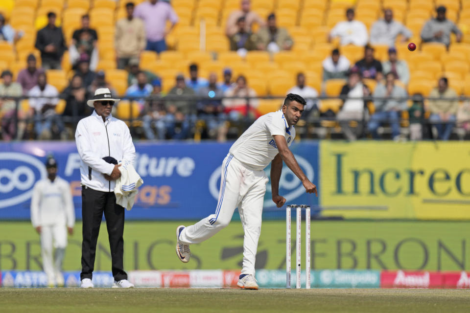 India's Ravichandran Ashwin bowls on the first day of the fifth and final test match between England and India in Dharamshala, India, Thursday, March 7, 2024. (AP Photo/Ashwini Bhatia)