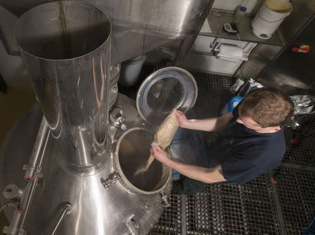 A worker pours bread powder into a tank during the brewing of a beer called Babylone at Bier Anders brewery in Halen, April 16, 2015. REUTERS/Yves Herman