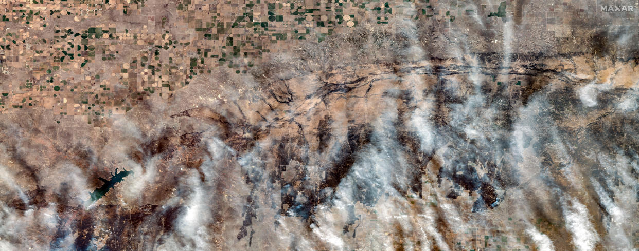 A satellite image shows the Smokehouse Creek Fire burning in Texas on Feb. 28. / Credit: Satellite image ©2024 Maxar Technologies