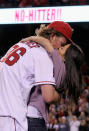 ANAHEIM, CA - MAY 02: Starting pitcher Jered Weaver #36 of the Los Angeles Angels of Anaheim receives a kiss from his wife Kristin after throwing a no-hitter against the Minnesota Twins at Angel Stadium of Anaheim on May 2, 2012 in Anaheim, California. The Angels defeated the Twins 9-0. (Photo by Jeff Gross/Getty Images)