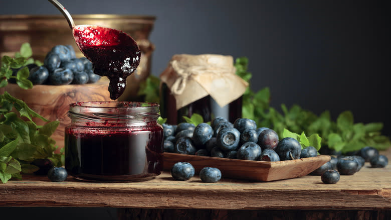 Blueberry jam with fresh blueberries 