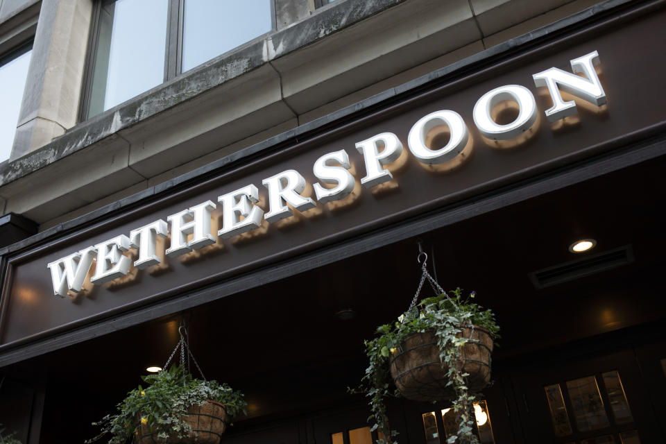 Sign for the brand Wetherspoons on 10th January 2020 in London, England, United Kingdom. J D Wetherspoon plc (branded as Wetherspoon, and commonly known as Spoons) is a pub company in the United Kingdom and Ireland. Founded in 1979 by Tim Martin, the company operates nearly 900 pubs, including the chain of Lloyds No. 1 bars, and a growing number of Wetherspoon hotels. (photo by Mike Kemp/In Pictures via Getty Images)