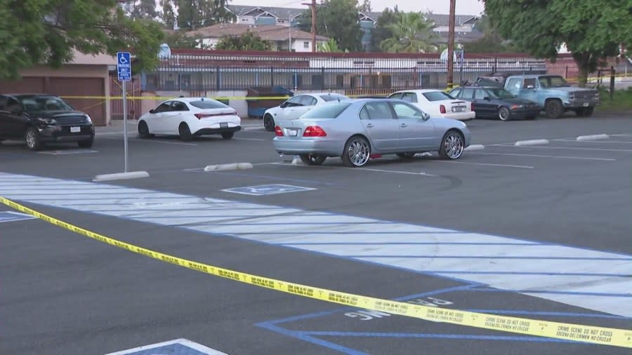 Two people were killed and three others remain hospitalized after a shooting in Inglewood on Oct. 7, 2023. (KTLA)