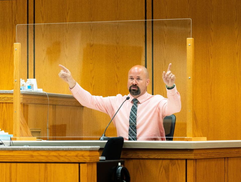 Dodge County Sheriff’s Detective Kasey Young testifies Thursday in Juneau at a preliminary hearing for Jessica Ann Hosfelt, a former registered nurse at Waupun Correctional Institution. Hosfelt is among nine former staff members of the Waupun prison charged in relation to the deaths of two prisoners.