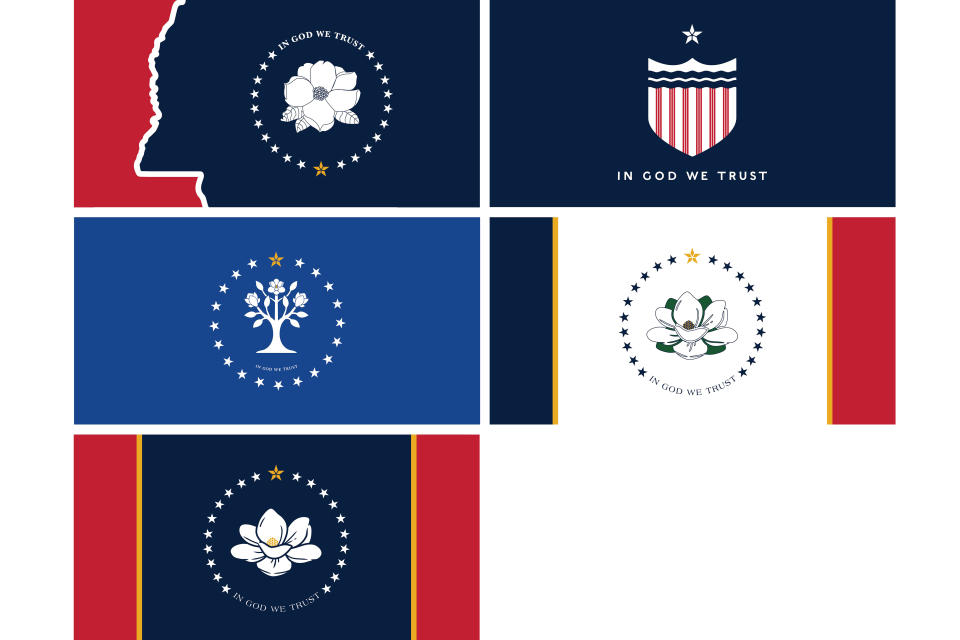 This combination of images provided by the Mississippi Department of Archives and History on Tuesday, Aug. 18, 2020, shows the five proposed designs chosen by the Mississippi State Flag Commission to replace the recently retired flag that included the Confederate battle emblem. The proposals will be made into flags and be flown Aug. 25 in Jackson, Miss. Voters will decide on a new flag in the Nov. 3 election. (Mississippi Department of Archives and History via AP)