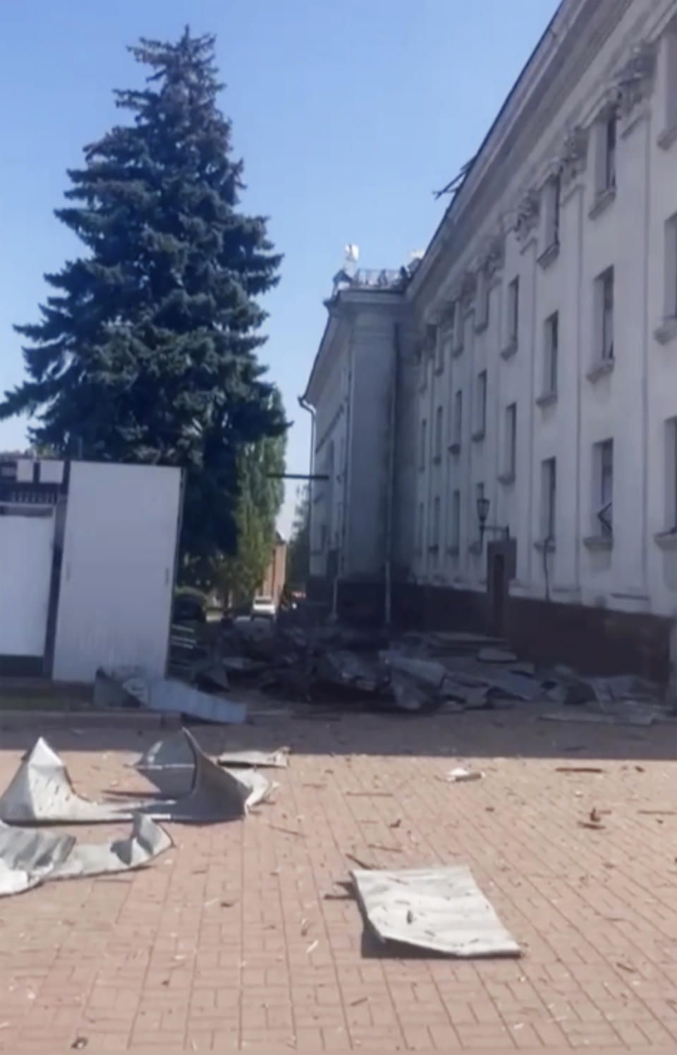 In this photo taken from video provided by the Ukrainian Presidential Press Office and posted on Facebook, a view of Taras Shevchenko Chernihiv Regional Academic Music and Drama Theatre damaged after a Russian attack in Chernihiv, Ukraine, Saturday, Aug. 19, 2023. (Ukrainian Presidential Press Office via AP)