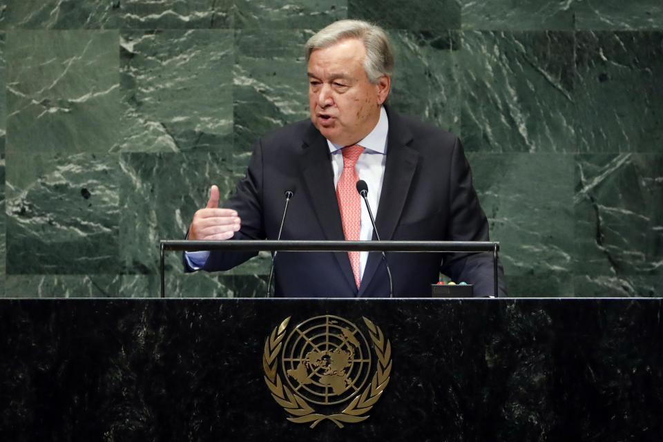 U.N. Secretary General Antonio Guterres addresses the 73rd session of the United Nations General Assembly, at U.N. headquarters, Tuesday, Sept. 25, 2018. (AP Photo/Richard Drew)