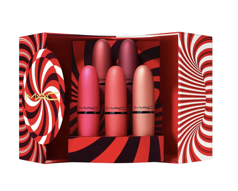 M.A.C Holiday Mistletoe Powder Kiss Lipstick 5-Piece Set in pink and red (Photo via The Bay)