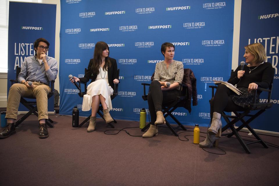 Moderator Melissa Jeltsen (far right)&nbsp;and panelists Eric Baker, Ashley Lee and Carley Porter take part in the "Who Are Mormon Millennials And How Will They Change America?" event.