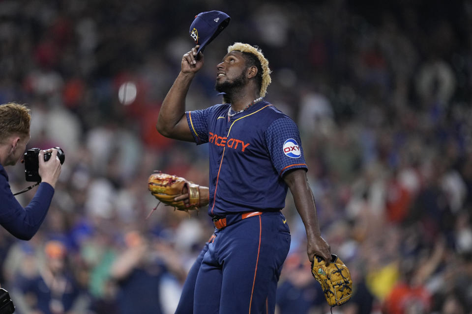 Houston Astros starting pitcher Ronel Blanco celebrates after throwing a no hitter in a baseball game against the Toronto Blue Jays, Monday, April 1, 2024, in Houston. (AP Photo/Kevin M. Cox)