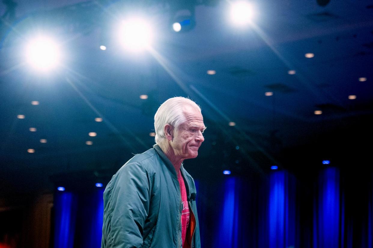 <span>The former Trump adviser Peter Navarro departs after speaking at CPAC in Oxon Hill, Maryland, on 24 February.</span><span>Photograph: Alex Brandon/AP</span>