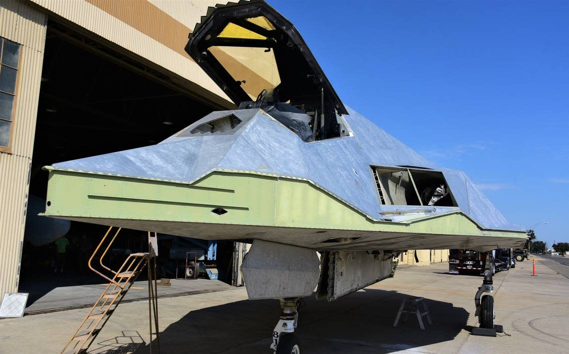 The Castle Air Museum will soon begin the restoration process on this Lockheed F-117 Nighthawk stealth aircraft, which was delivered on Friday, July 29, 2022.