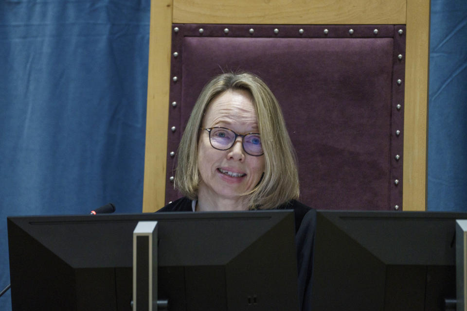 Judge Birgitte Kolrud speaks as the Oslo district court conducts Anders Behring Breivik's case in a gymnasium at Ringerike prison, in Ringerike, Norway, Monday, Jan. 8, 2024. Breivik, who slayed 77 people in an anti-Islamic bomb and gun rampage in 2011, appeared in court on Monday in a bid to sue the Norwegian state for breaching his human rights. Norway’s worst peacetime killer says his solitary confinement since being jailed in 2012 amounts to inhumane treatment under the European Convention of Human Rights. (Cornelius Poppe/NTB Scanpix via AP)