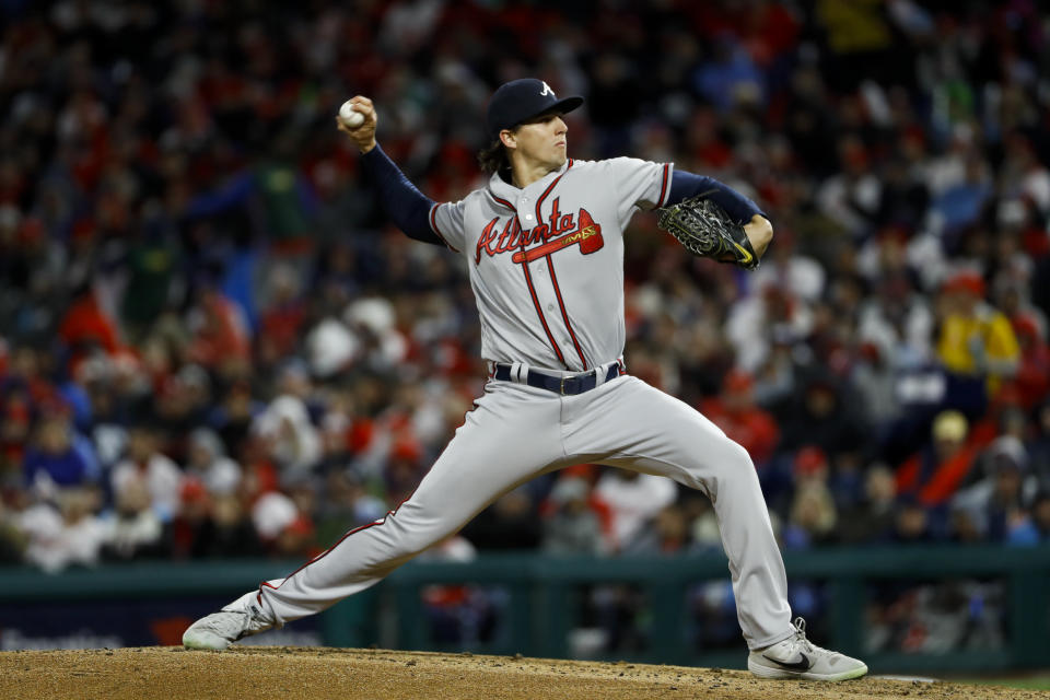 The Braves' Kyle Wright delivers a pitch against the Philadelphia Phillies on Sunday night. (AP Photo/Matt Slocum)