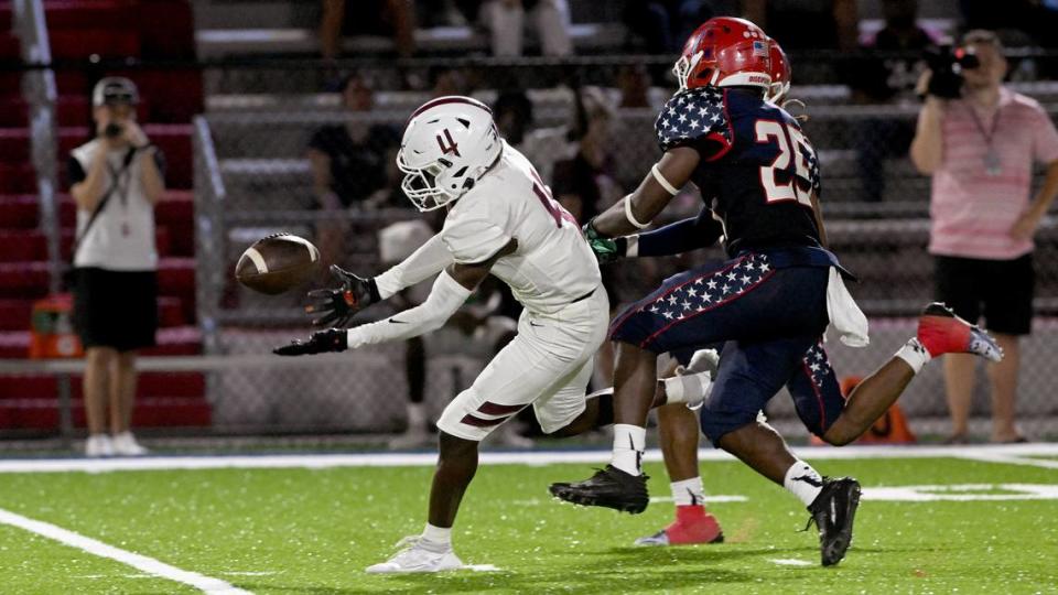 Braden River’s Marcus Galloway reaches out to catch a pass at Hawkins Stadium Friday, Sept. 15, 2023.