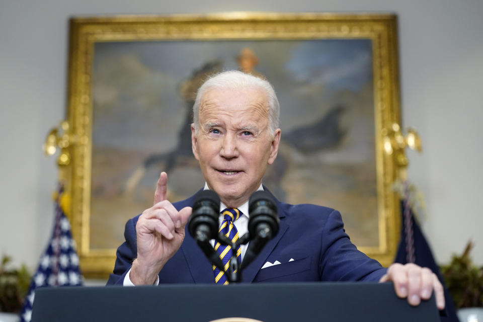 President Joe Biden announces a ban on Russian oil imports, toughening the toll on Russia's economy in retaliation for its invasion of Ukraine, Tuesday, March 8, 2022, in the Roosevelt Room at the White House in Washington. (AP Photo/Andrew Harnik)