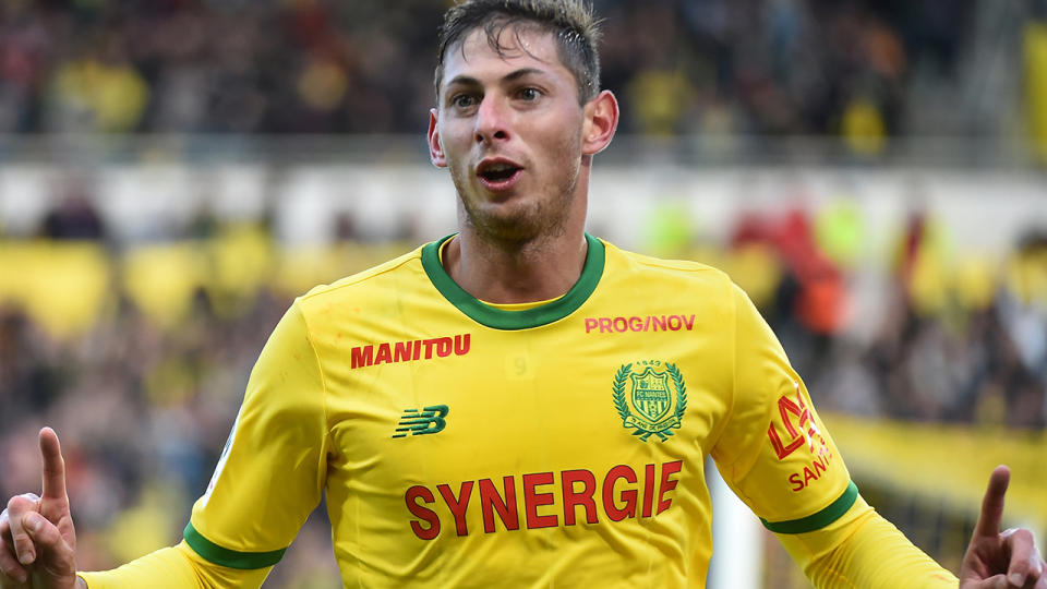 Emiliano Sala celebrates after scoring a goal. (Photo by JEAN-FRANCOIS MONIER/AFP/Getty Images)